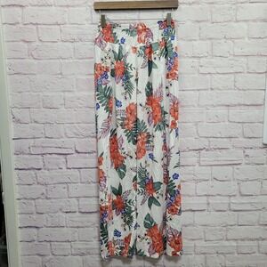 Uluwatu Floral High Slit Palazzo Pants L XL Smocked Wide Leg Tropical Resortwear